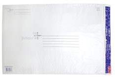 Enveloppe d’expédition no 7 matelassée blanche, avec champs d’adresse, zone pour timbre et fermeture autocollante bleue.