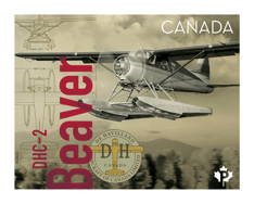 Un timbre en niveaux de gris. On y voit des images de l’histoire de l’aviation canadienne, le texte « DHC-2 Beaver » en rouge et un avion en vol