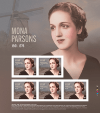 Feuillet de 5 timbres sur Mona Parsons présentant son portrait, un moulin à vent en arrière-plan, et le texte « Mona Parsons » et « 1901-1976 » 