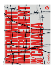 Timbre sur l’internement orné du texte bilingue rouge « Internement au Canada » sur fond gris avec du fil de barbelé. 