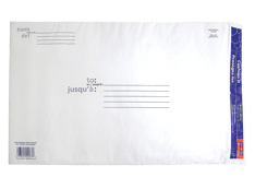 Enveloppe d’expédition no 5 matelassée blanche, avec champs d’adresse, zone pour timbre et fermeture autocollante bleue.