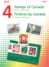 Le recto d’une pochette du collectionneur. On y voit un collage de timbres et le texte « Timbres du Canada », « Octobre-décembre », « 2018 » et « 4 »