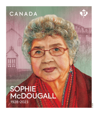 Couverture : illustration de Sophie McDougall, texte « Sophie McDougall 1928-2023 », « Carnet de 6 timbres PermanentsMC » et « Canada ».