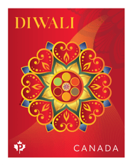 Timbre présentant un rangoli aux formes géométriques colorées et le texte « Diwali » en orange sur un fond rouge