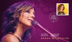 Recto : photo de Sarah McLachlan en 2014, timbre, texte « Sarah McLachlan » et cachet provenant du logo de la Sarah McLachlan School of Music.