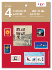 Couverture d’une pochette du collectionneur montrant un collage de timbres, et le texte « Timbres du Canada », « Octobre-décembre », « 2022 » et « 4 »