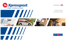 Enveloppe XpresspostMC blanche, bleue et rouge avec 4 images illustrant le parcours, de la commande à la livraison.