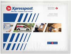 Enveloppe matelassée XpresspostMC blanche, bleue et rouge avec 4 images montrant le parcours, de la commande à la livraison.