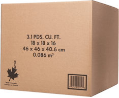 Boîte brune en carton ondulé à logo de feuille d’érable et code à barres. On peut y lire les dimensions, « 3.1 PDS. CU FT » et « Fabriqué au Canada » 