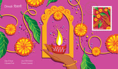 Le recto comprend une diya tendue devant une arche, entourée d’une torana et « Diwali » en français et en hindi. 