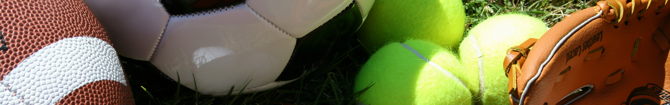 Soccer ball, football, basketball, tennis balls, and a baseball glove on grass