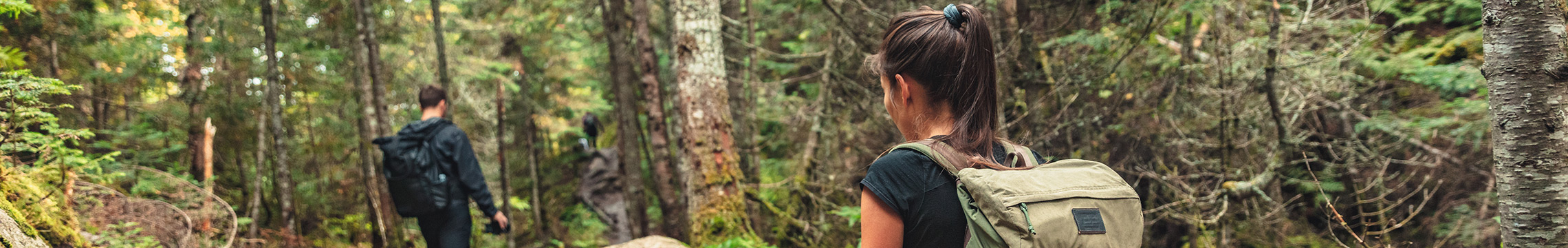 Couple hiking  through lush forest with backpacks on