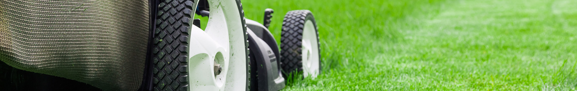Close up of a lawn mower mid-trim on a lush lawn