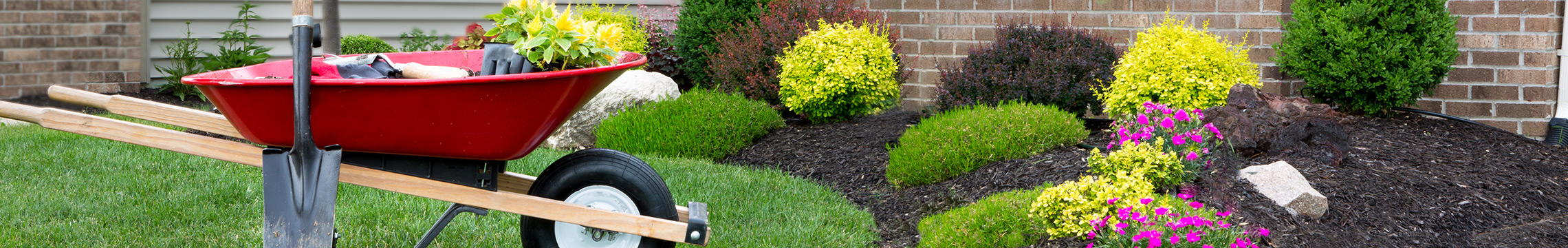 Red wheel barrow on a lush lawn carrying supplies to a garden patch