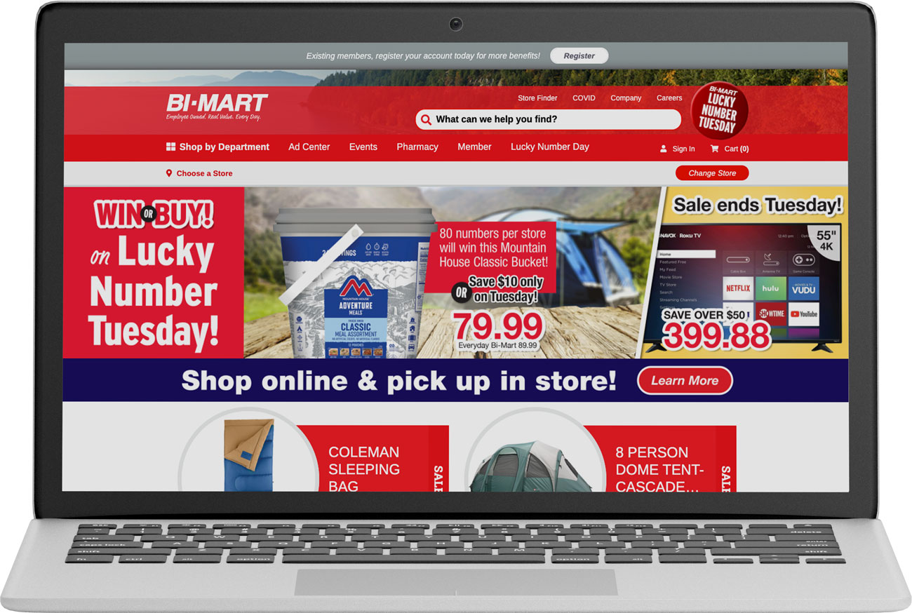 New Bi-Mart website on a laptop