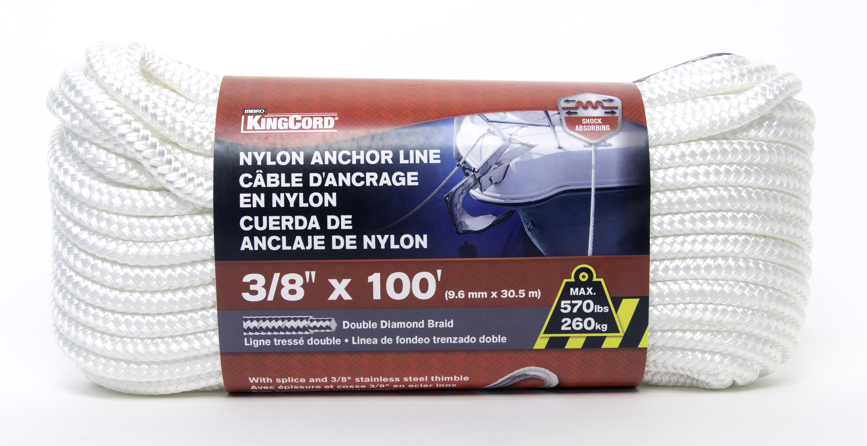 Nylon Double Diamond Braid Marine Anchor Line - White - 3/8 x 100' from  KINGCORD