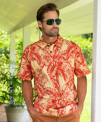 Tropical Canopy - Khaki Red Short Sleeve Hawaiian Polo Shirt