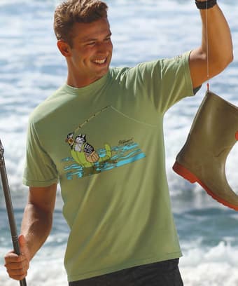 B. Kliban Fly Fishing Cat - Hemp Dyed Short Sleeve Crewneck T-Shirt