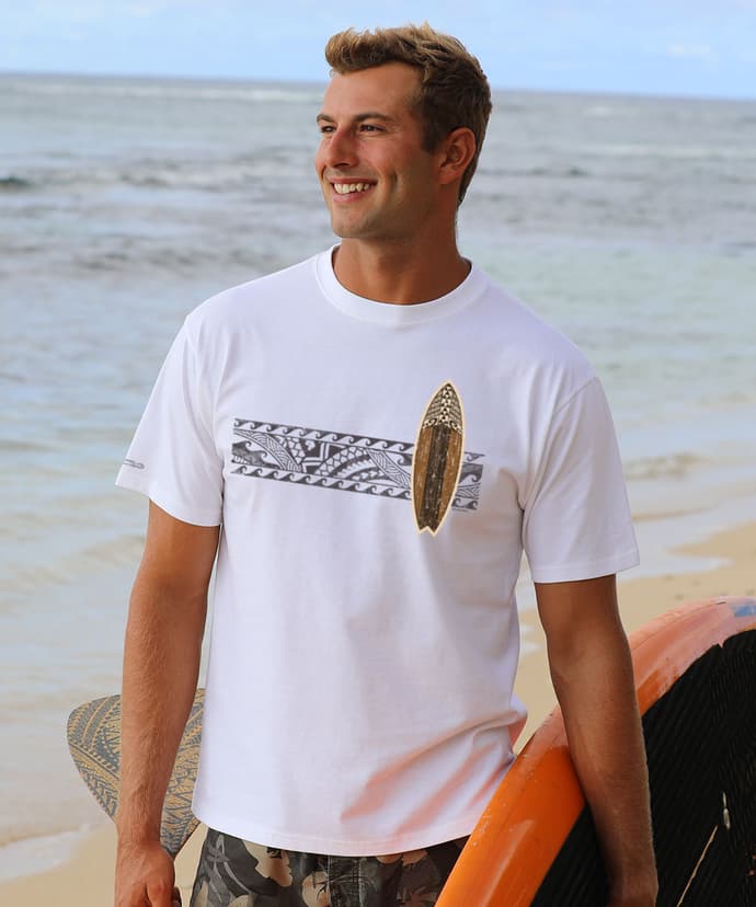 Tribal Surfboard Band - White Short Sleeve Crewneck T-Shirt