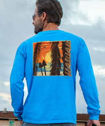 Beach Tiki Sunset - Blue Hawaii Dyed Long Sleeve Crewneck T-Shirt