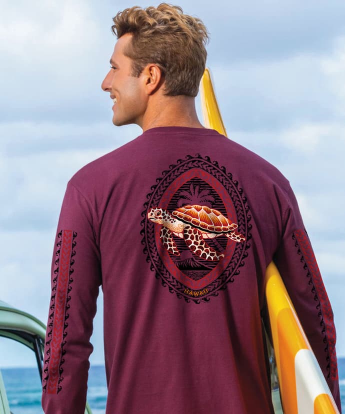 Honu Tribal Woodcut - Wine Dyed Long Sleeve Crewneck T-Shirt