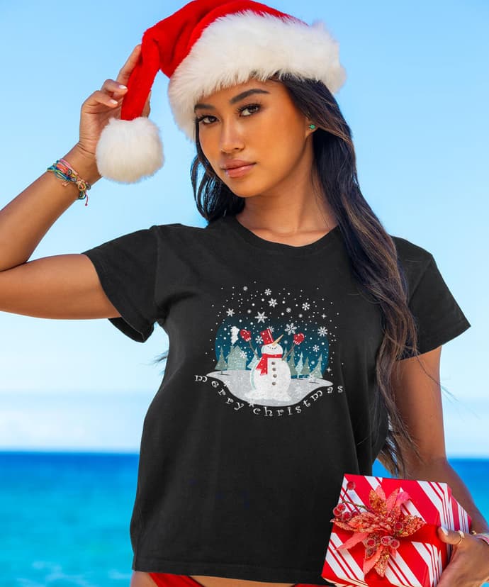 Happy Snowman - Black Short Sleeve Crewneck T-Shirt