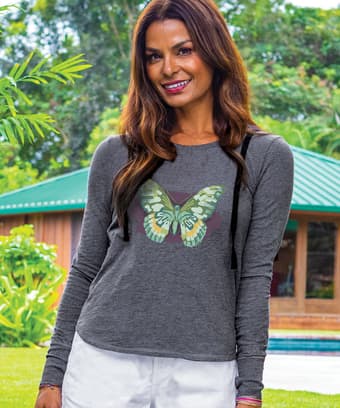 Spring Butterfly - Gray Heather Long Sleeve Harmony Hooded T