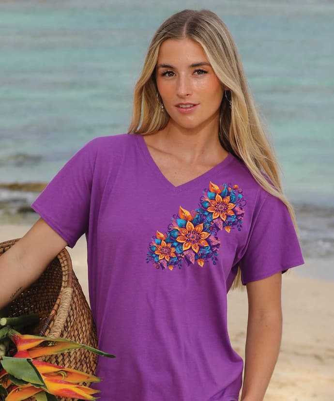 Henna Sweep - Violet Short Sleeve Dolman V-Neck Tee