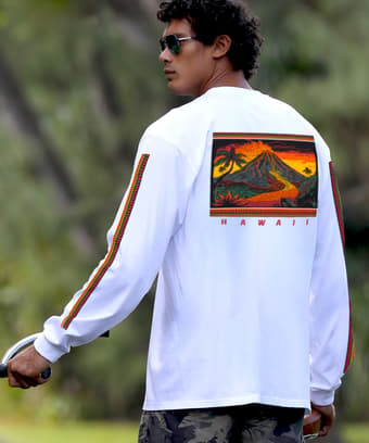 Volcano Scenic - White Long Sleeve Crewneck T-Shirt