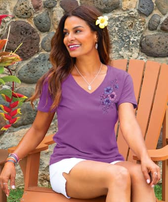 Floral Flourish - Violet Short Sleeve Pima V-Neck T-Shirt