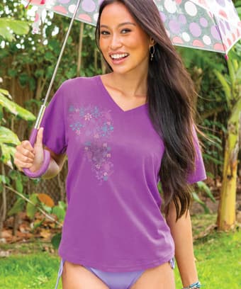 Honu Floral Sketch - Violet Short Sleeve Dolman V-Neck Tee