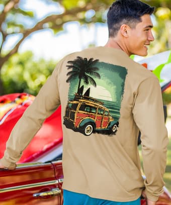 Woody Sunset Surf - Kona Coffee Dyed Long Sleeve Crewneck T-Shirt