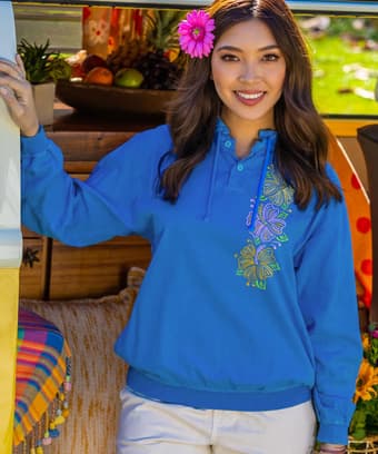 Vertical Hibiscus Flowers - Blue Hawaii Dyed Long Sleeve Lightweight Pullover