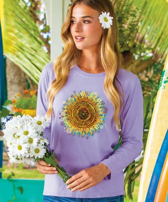 Tribal Sunflora - Lavender Dyed Long Sleeve Crewneck T-Shirt