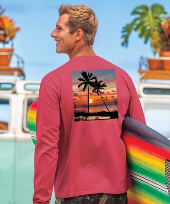 Palm Ocean View - Paradise Red Dyed Long Sleeve Crewneck T-Shirt