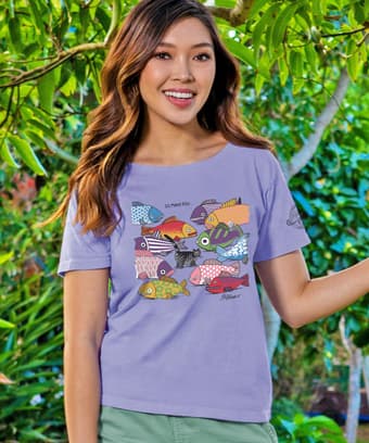 B. Kliban So Many Fish - Lavender Dyed Short Sleeve Scoop Neck T-Shirt