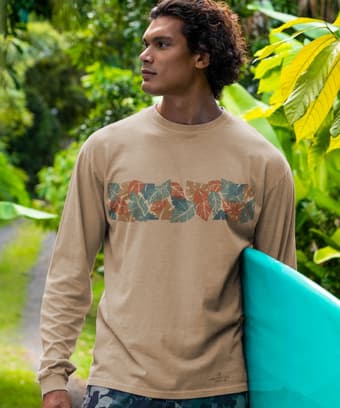 Tropical Ferns Band - Kona Coffee Dyed Long Sleeve Crewneck T-Shirt