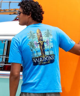 Duke Kahanamoku Duke Statue - Blue Hawaii Dyed Short Sleeve Crewneck T-Shirt