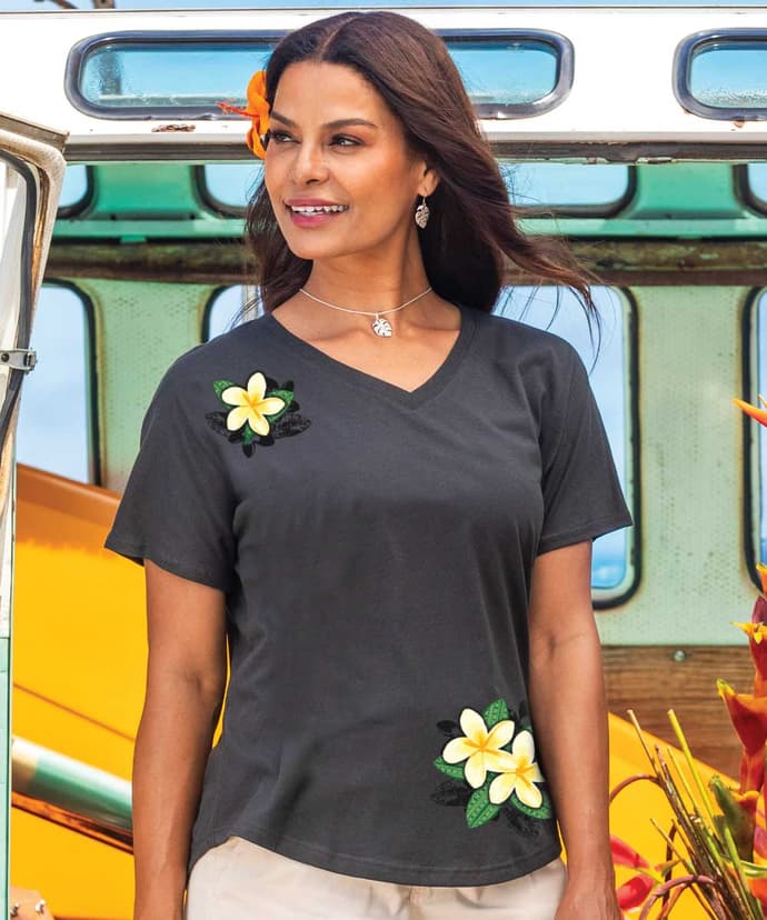 Plumeria Bloom - Charcoal Short Sleeve Dolman V-Neck Tee