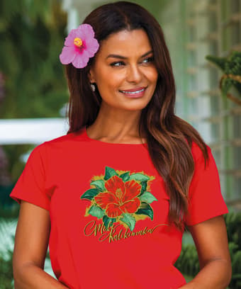 Hibiscus Christmas - Red Short Sleeve Scoop Neck T-Shirt