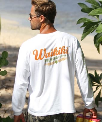 Waikiki Brewing Co Logo Taste The Aloha - White Long Sleeve Crewneck T-Shirt